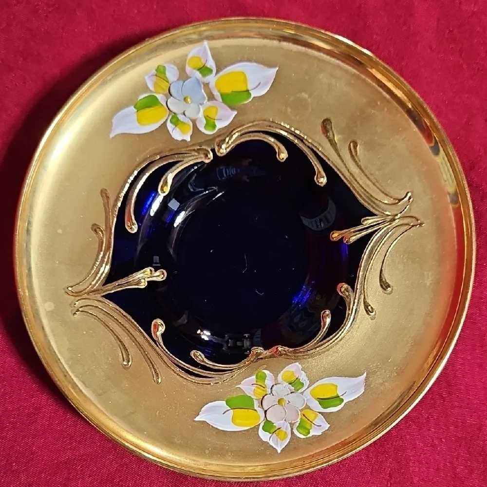Vintage Venetian Art Glass High Enamel Cobalt Blue Gold Tea Cup Saucer Set of 2